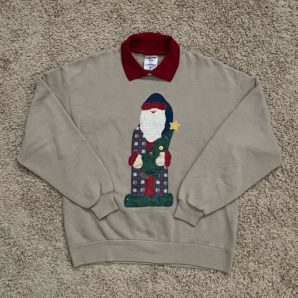 Vintage 90s Jerzees Christmas Sweatshirt Ugly Sweater Santa Claus Beige Sz Large